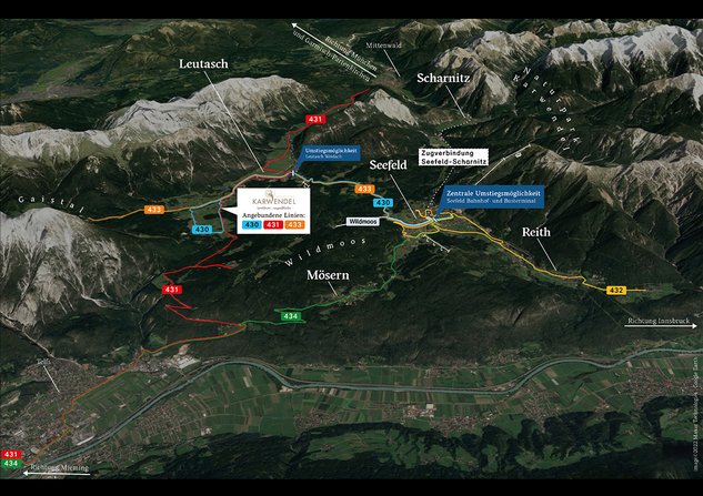 Karte: Die Karte zeigt die Busverbindungen, wie Sie das Adults only Spa Hotel Leutasch in Tirol Österreich erreichen.